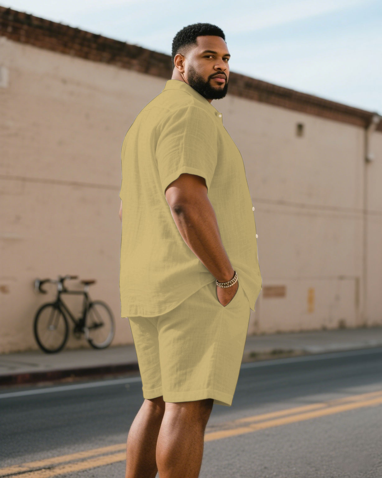 Big & Tall Khaki Hawaiian T-Shirt Shorts Set for big men view 1