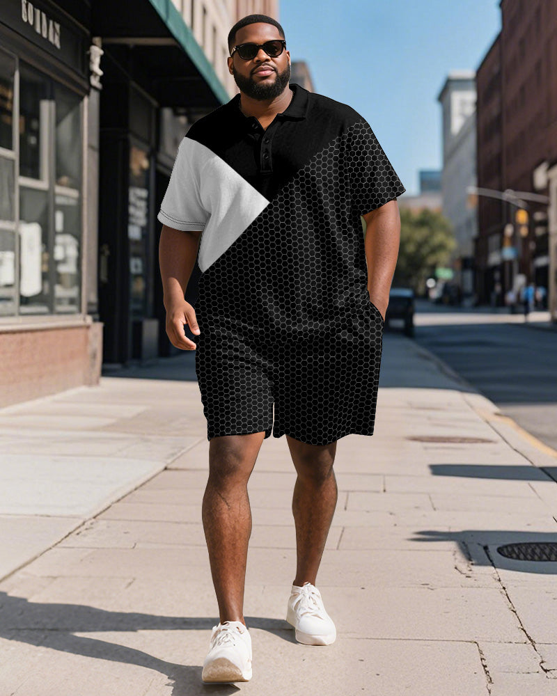 Big & Tall Black White Patchwork Polo Shorts Set for big men view 1