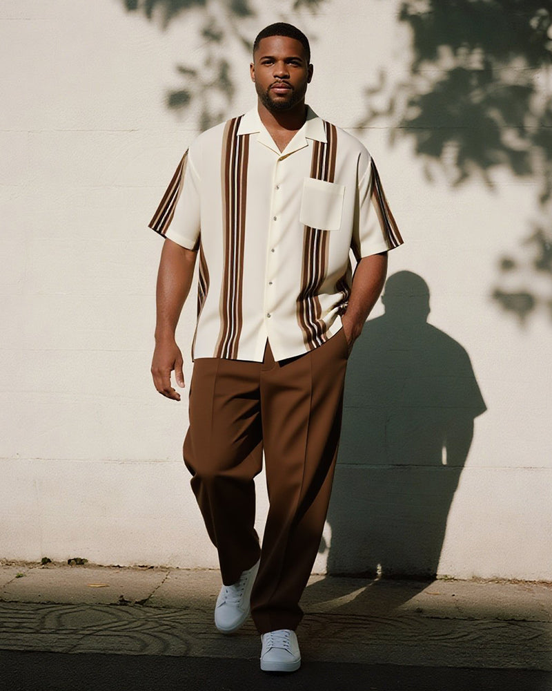 Big & Tall Brown Striped Graphic T-Shirt Pants Set for big men view 1