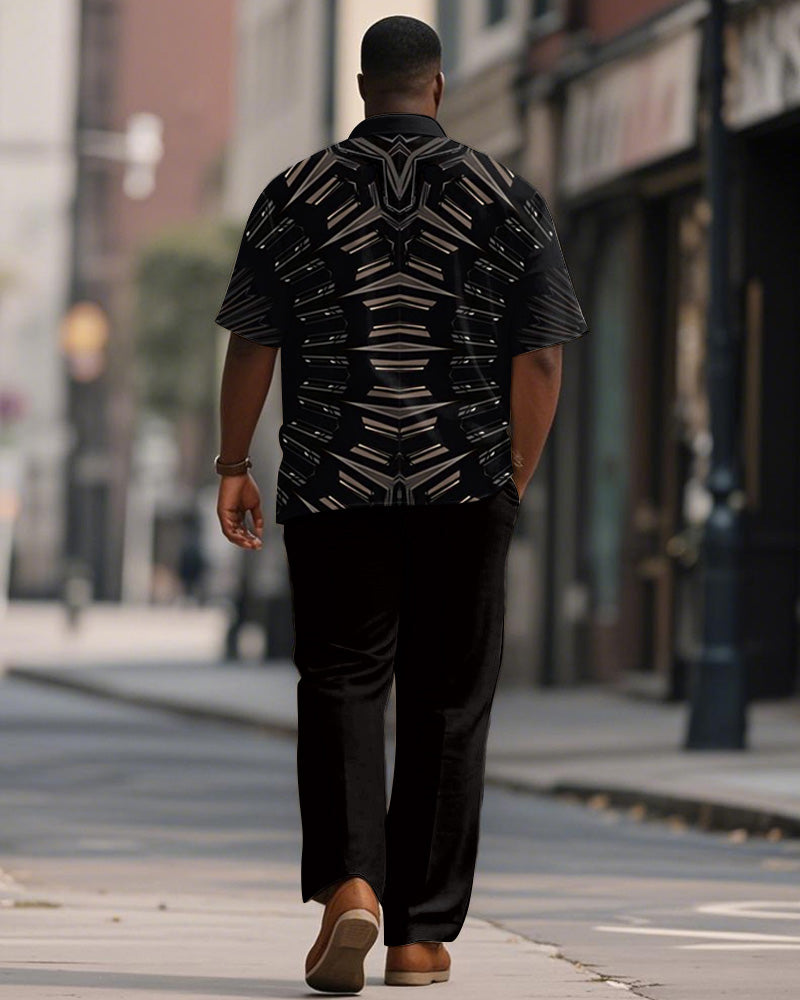 Big & Tall Black Geometric Graphic T-Shirt Pants Set for big men view 4