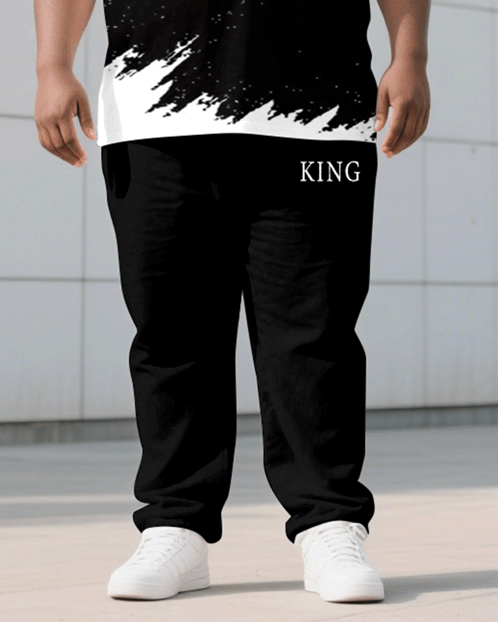 Big & Tall Black White Graphic T-Shirt Pants Set for big men view 3