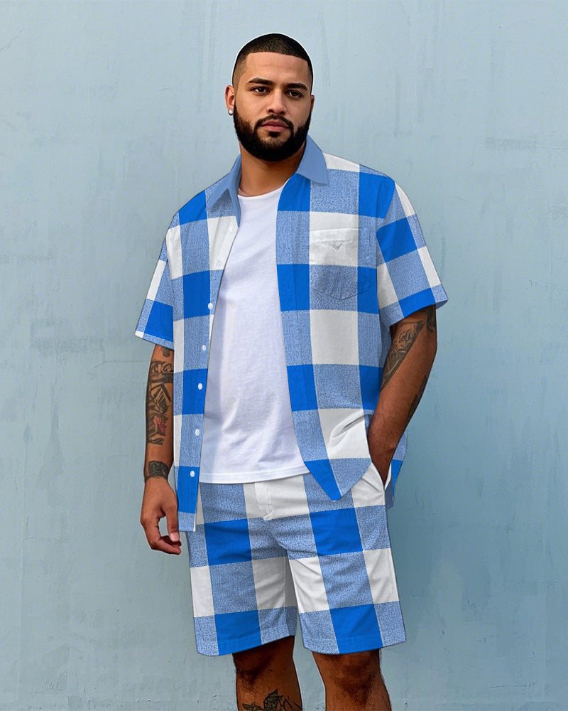 Big & Tall White Blue Plaid T-Shirt Shorts Set for big men view 1