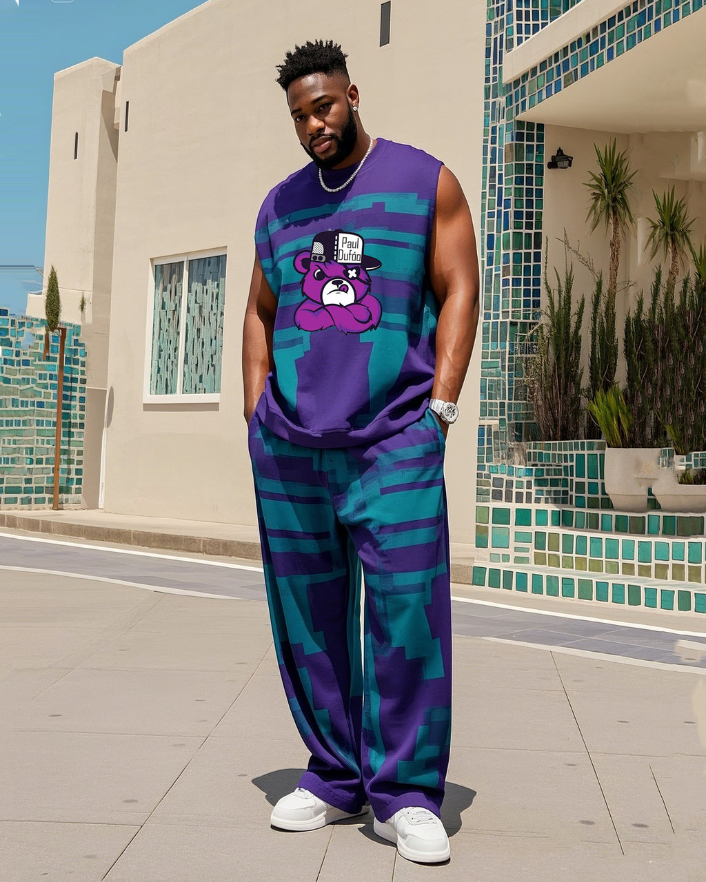 Big & Tall Colorblock Graphic Vest Pants Set for big men view 1