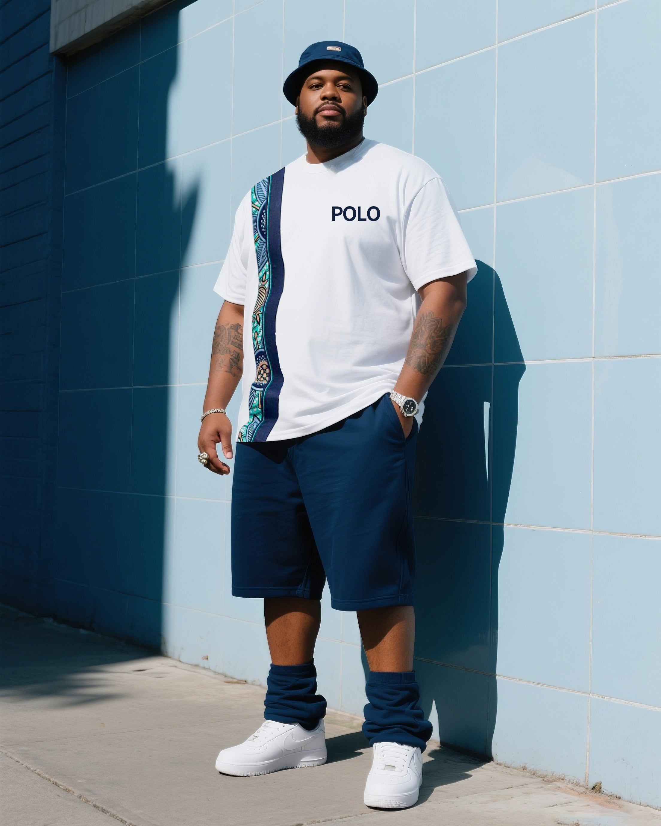 Big & Tall Striped T-Shirt Shorts Set for big men view 1