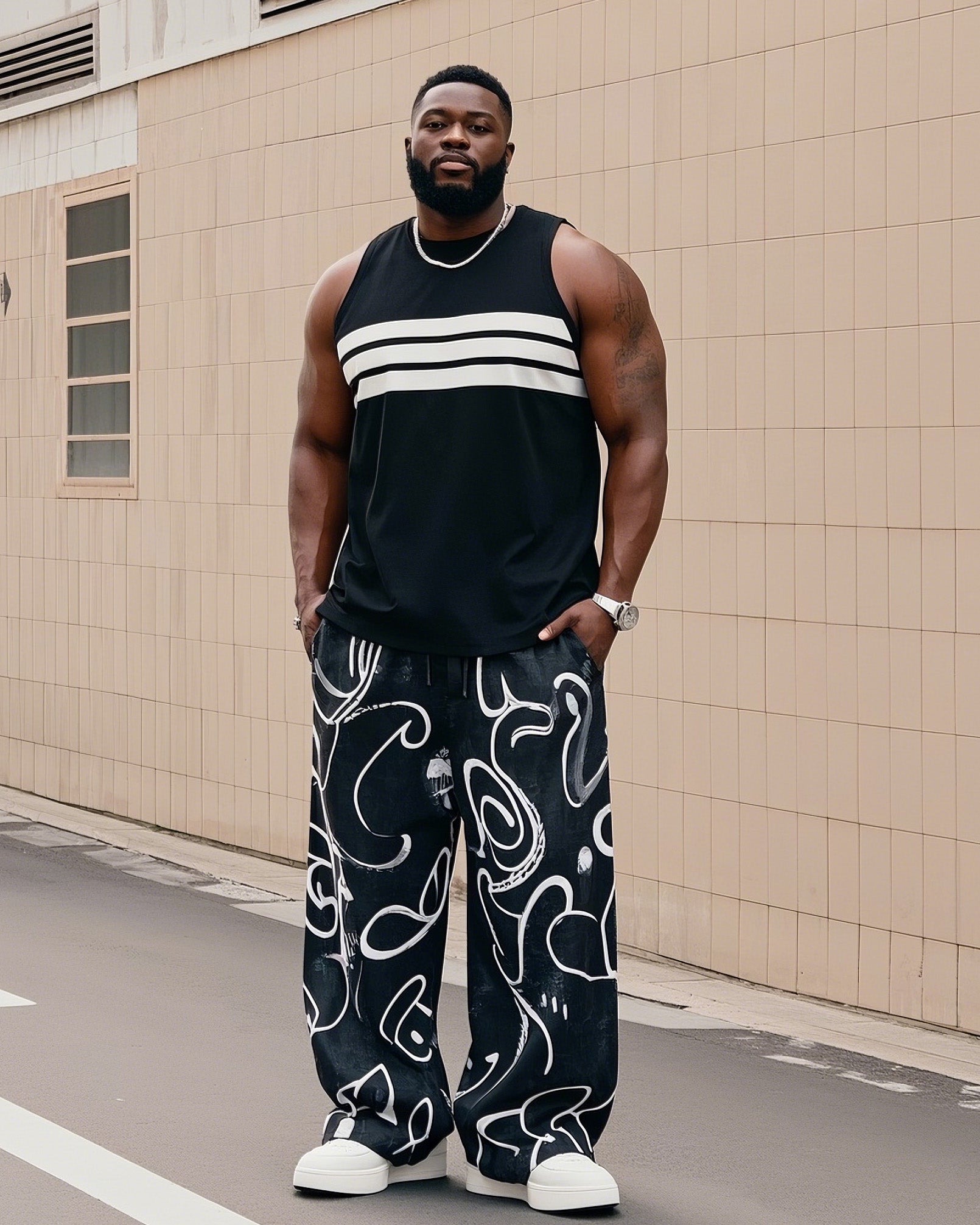 Big & Tall Striped Graffiti Vest Pants Set for big men view 1