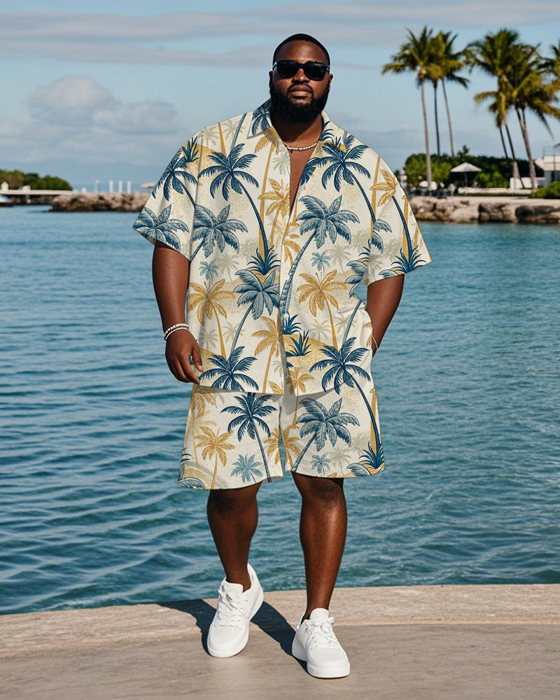 Big & Tall Blue Yellow Hawaiian T-Shirt Shorts Set for big men view 1