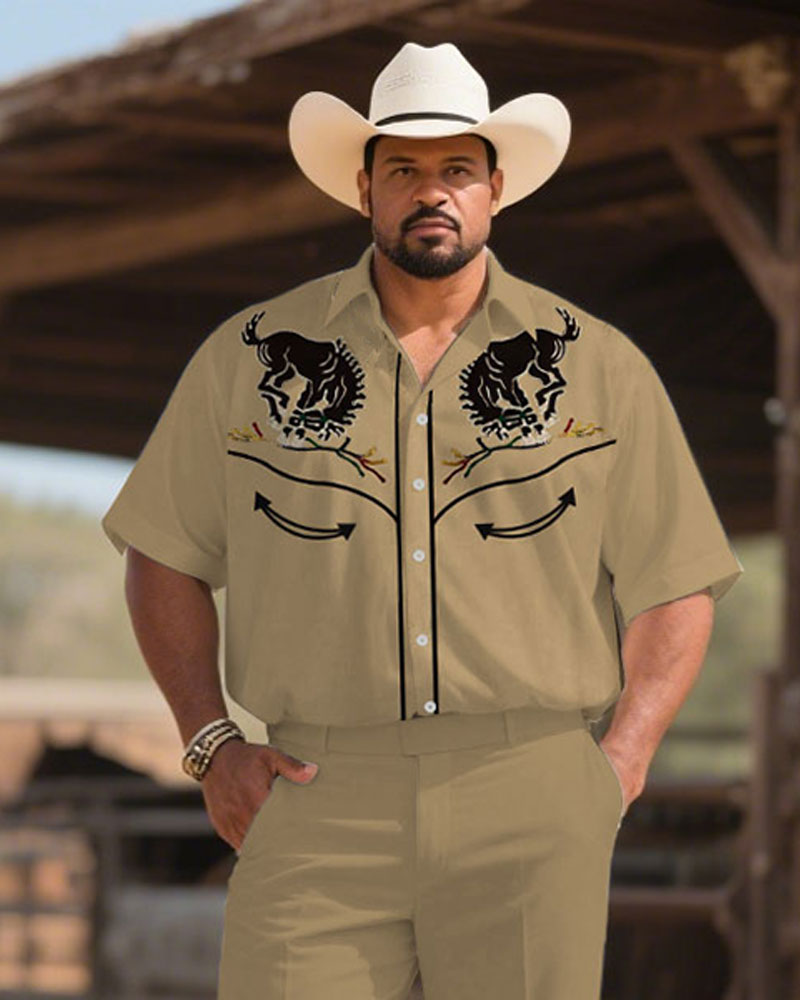 Big & Tall Khaki Western Denim T-Shirt Pants Set for big men view 2