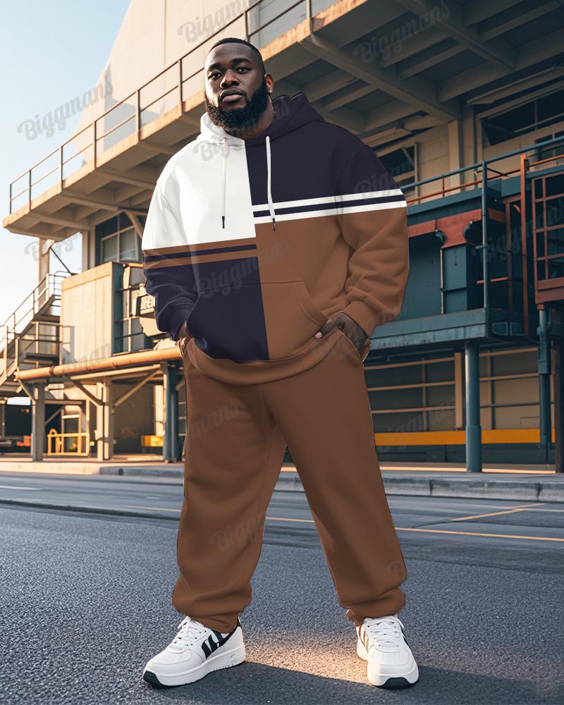 Big & Tall Brown Striped Hoodie Sweatpants Set for big men view 1