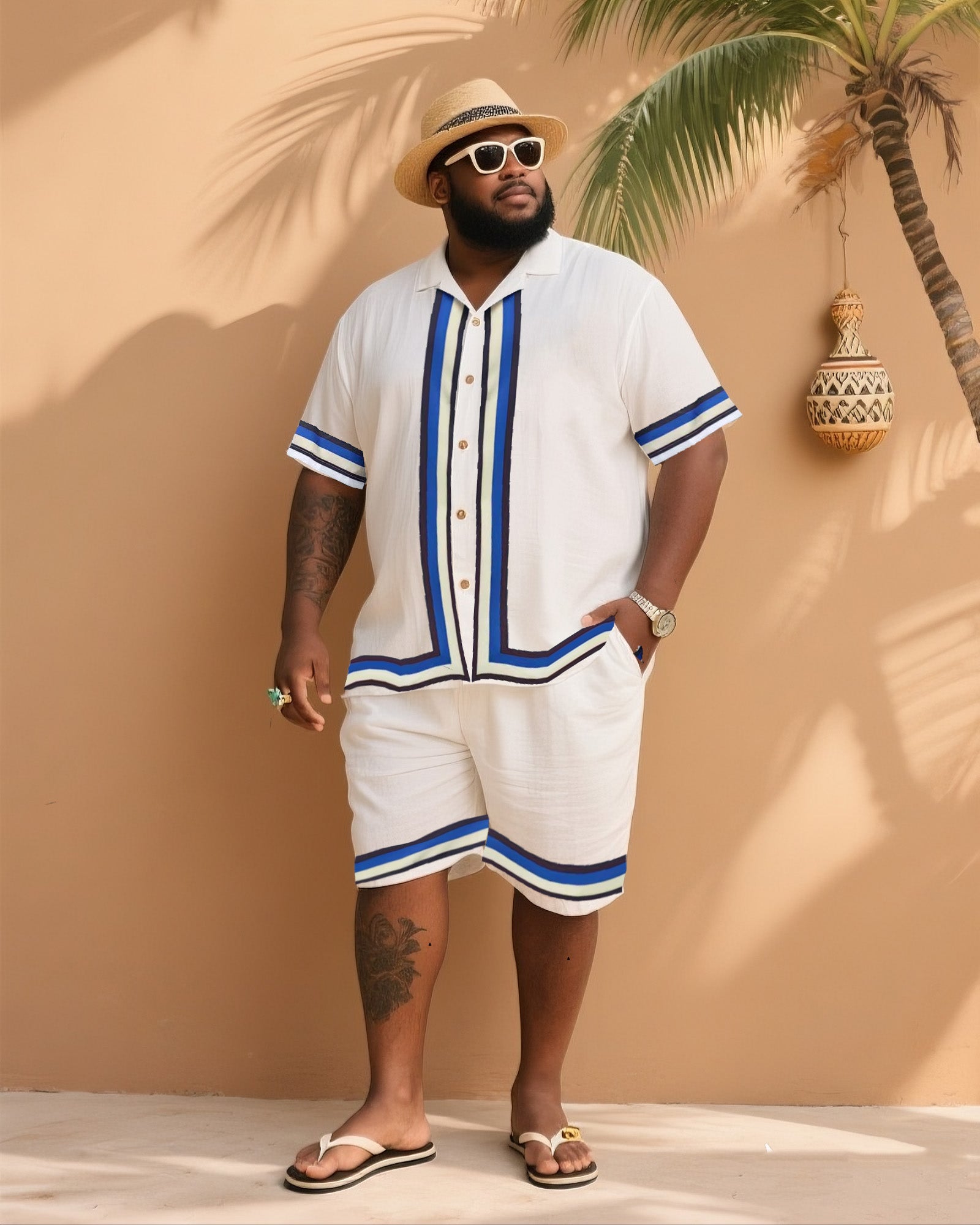 Big & Tall White Blue Striped T-Shirt Shorts Set for big men view 1