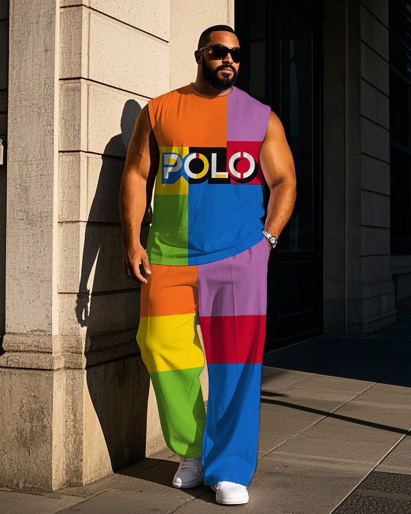 Big & Tall Colorblock Plaid Graphic Vest Pants Set for big men view 1