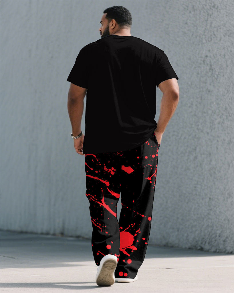 Big & Tall Black Red Splash Ink T-Shirt Pants Set for big men view 4