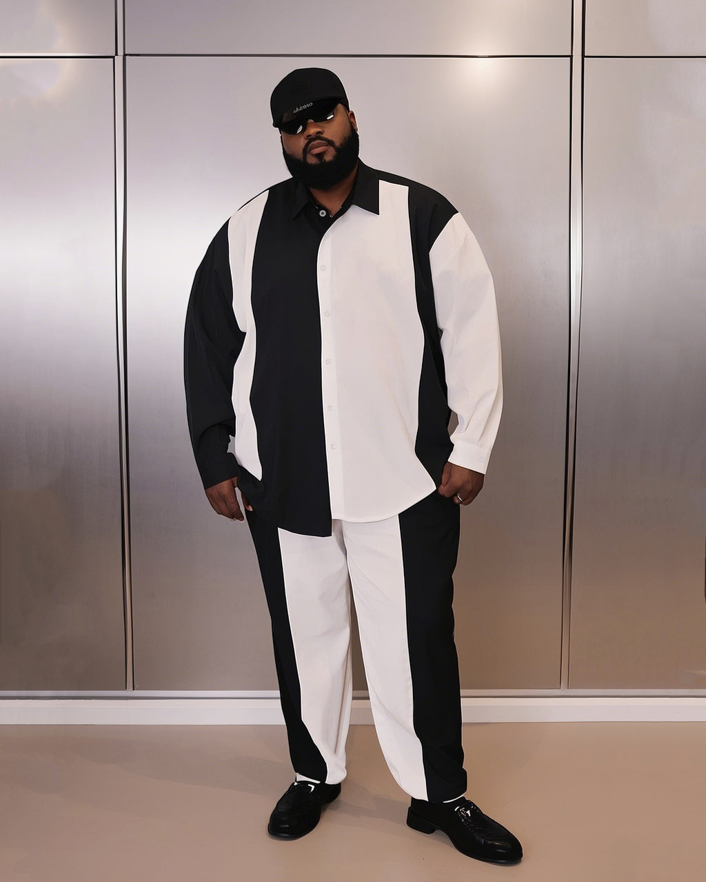 Big & Tall Black White Colorblock T-Shirt Pants Set for big men view 1