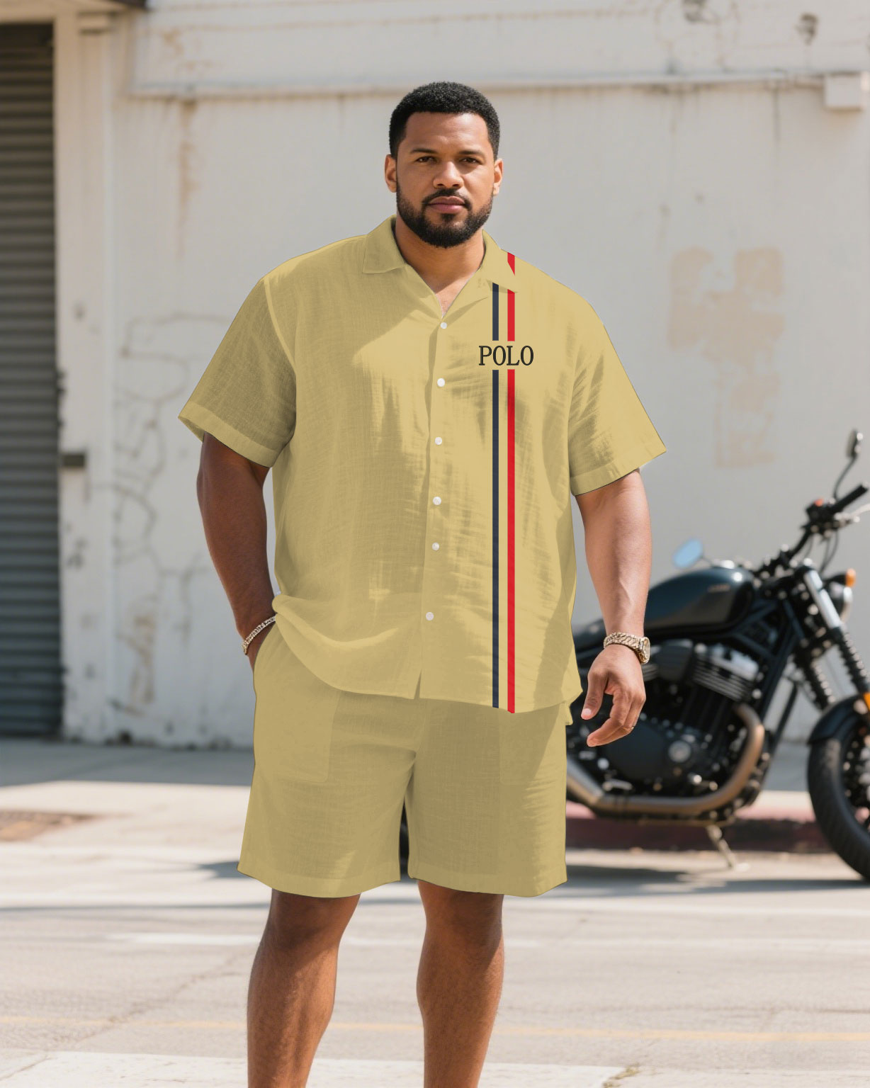 Big & Tall Khaki Hawaiian T-Shirt Shorts Set for big men view 4