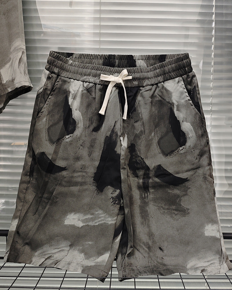 Big & Tall Green Gray Geometric Shirt Shorts Set for big men view 4