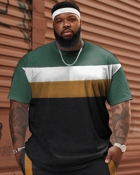 Big & Tall Striped Patchwork T-Shirt Shorts Set for big men view 2
