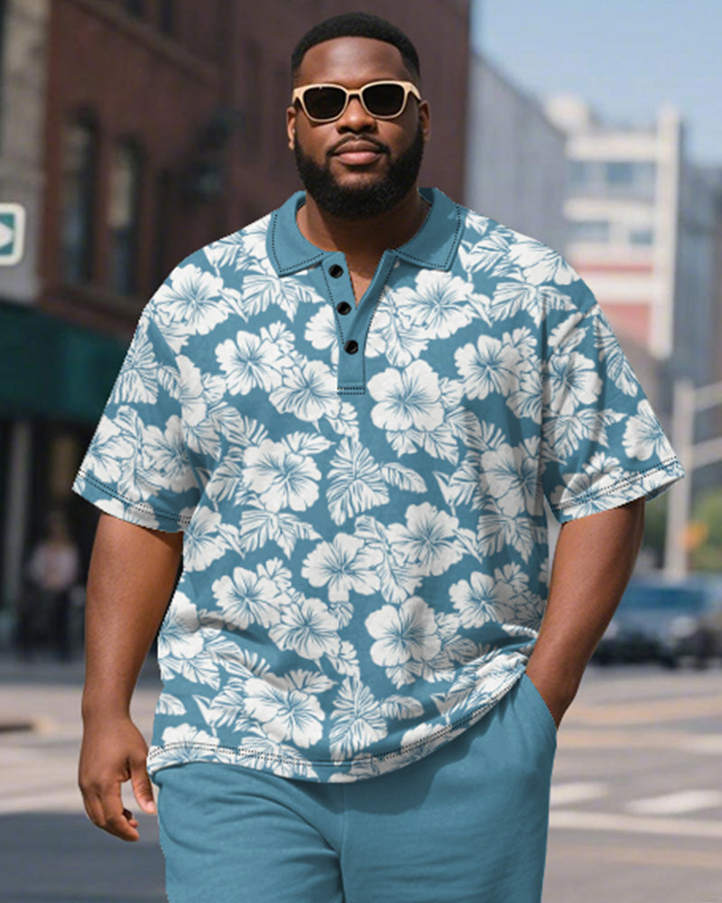 Big & Tall Hawaiian Business Casual Polo Shorts Set for big men view 3