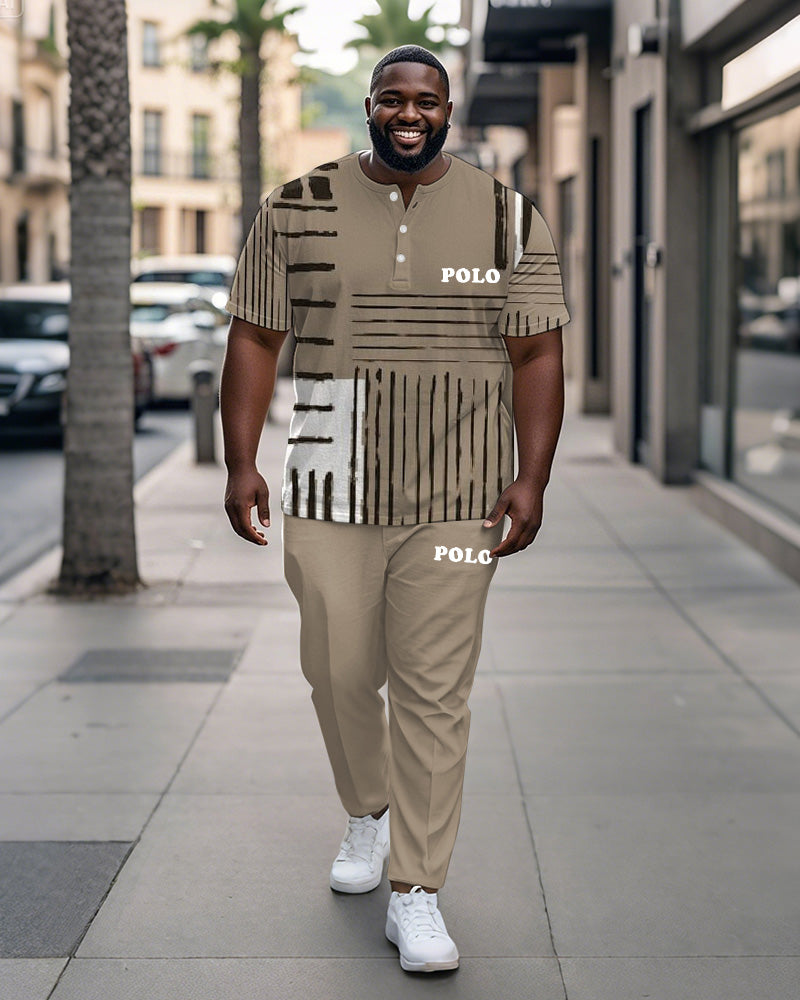 Big & Tall Khaki Colorblock Striped T-Shirt Pants Set for big men view 1