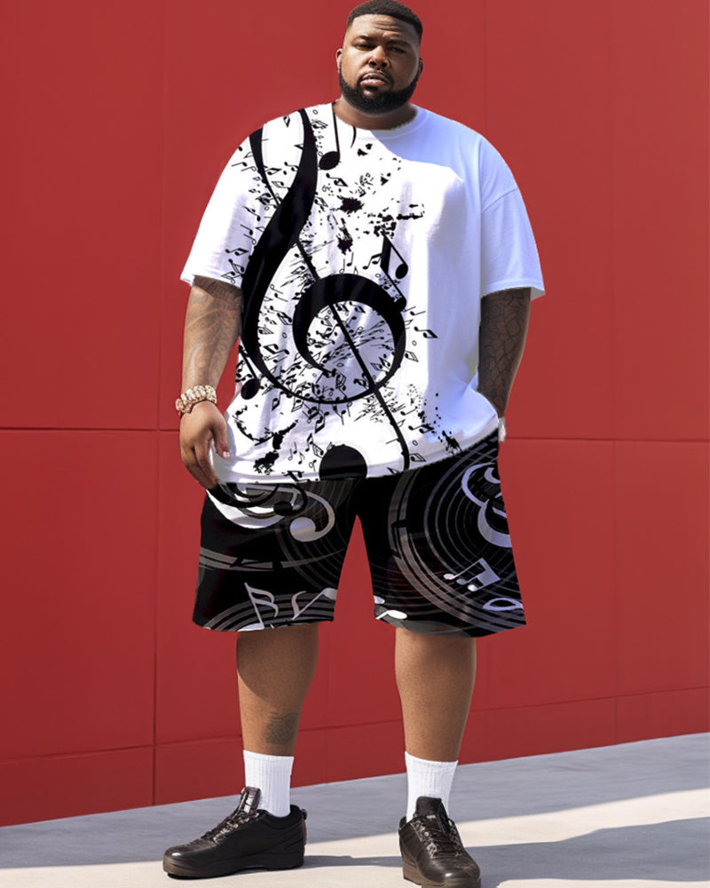 Big & Tall Black White Graphic T-Shirt Shorts Set for big men view 1