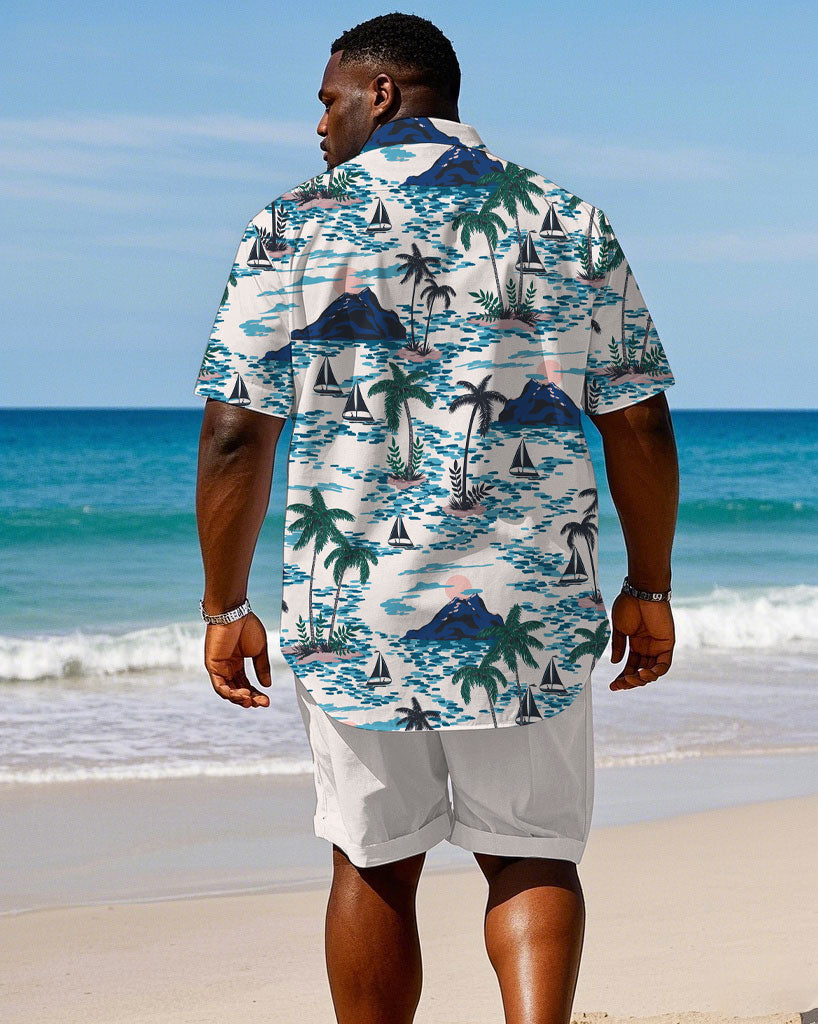 Big & Tall White Hawaiian Graphic T-Shirt Shorts Set for big men view 4
