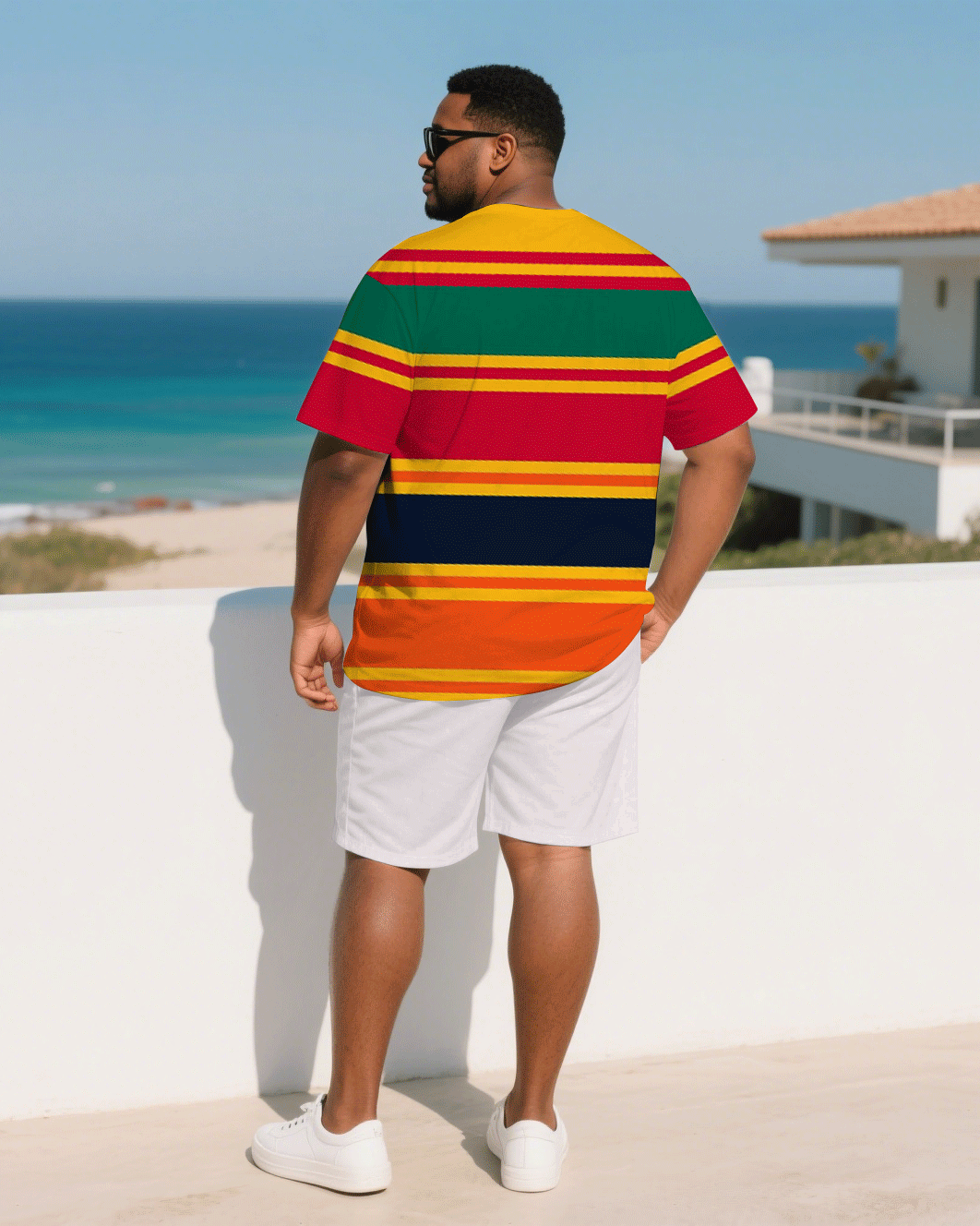 Big & Tall Red Yellow Striped T-Shirt Shorts Set for big men view 4