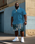 Big & Tall Blue Hawaiian Striped Polo Shorts Set for big men view 1