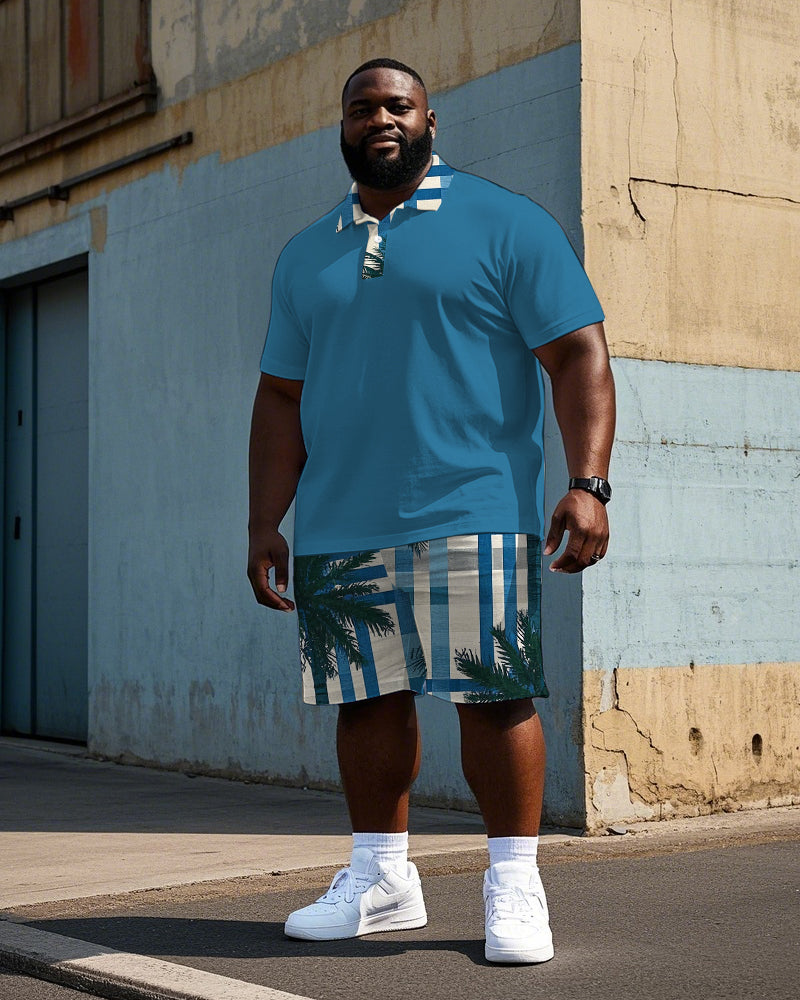 Big & Tall Blue Hawaiian Striped Polo Shorts Set for big men view 1