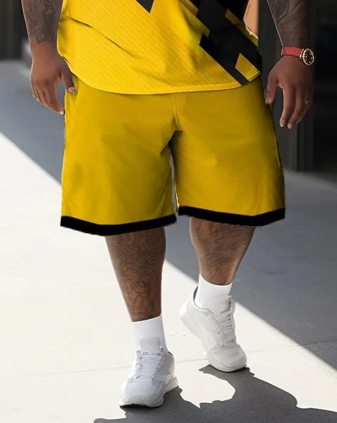 Big & Tall Black Yellow Colorblock T-Shirt Shorts Set for big men view 3
