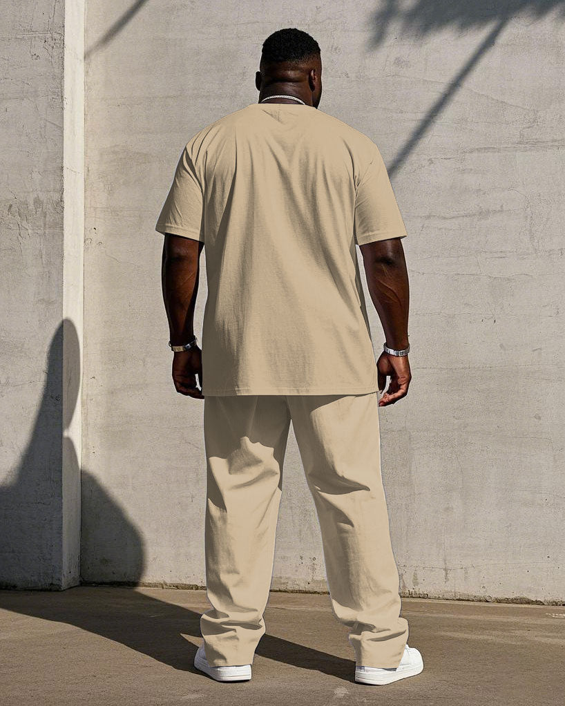 Big & Tall White Khaki Colorblock T-Shirt Pants Set for big men view 4