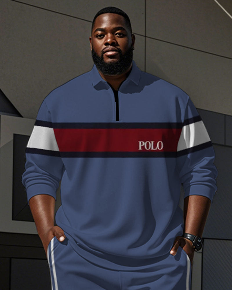 Big & Tall White Blue Striped Polo Pants Set for big men view 2