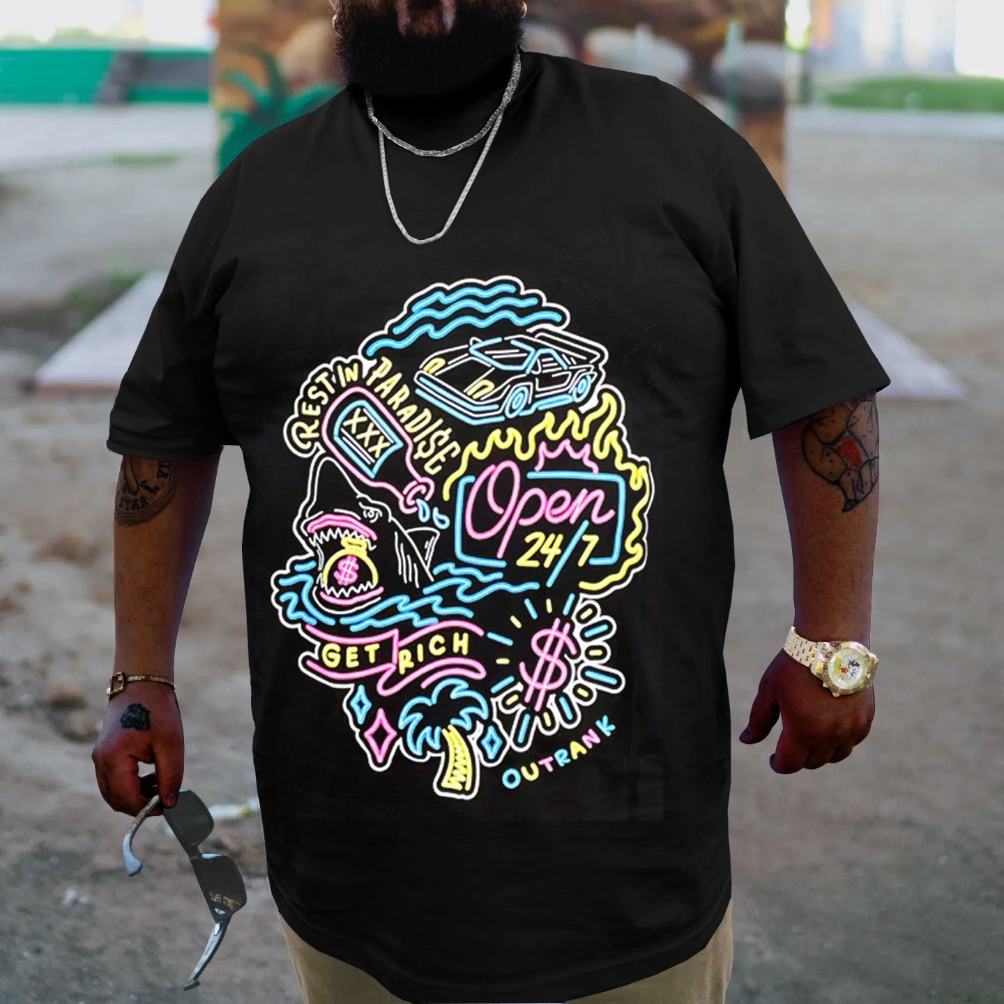 Big & Tall Black Graffiti Streetwear T-Shirt for big men view 3