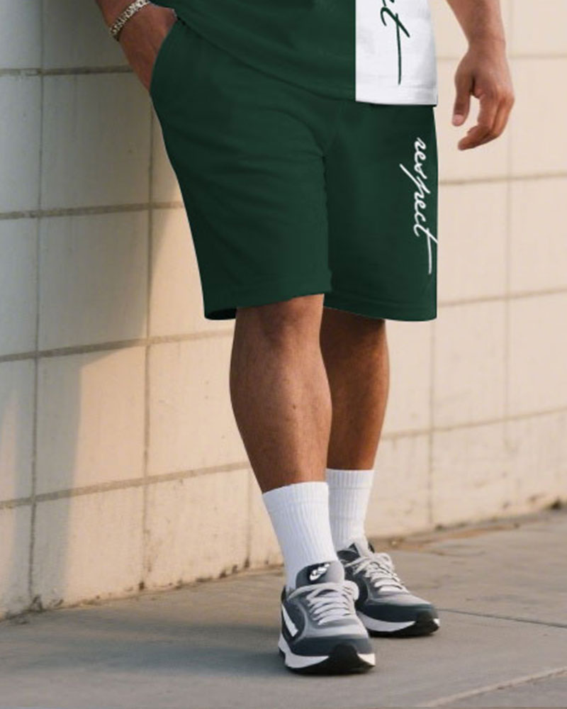 Big & Tall White Green Colorblock T-Shirt Shorts Set for big men view 3