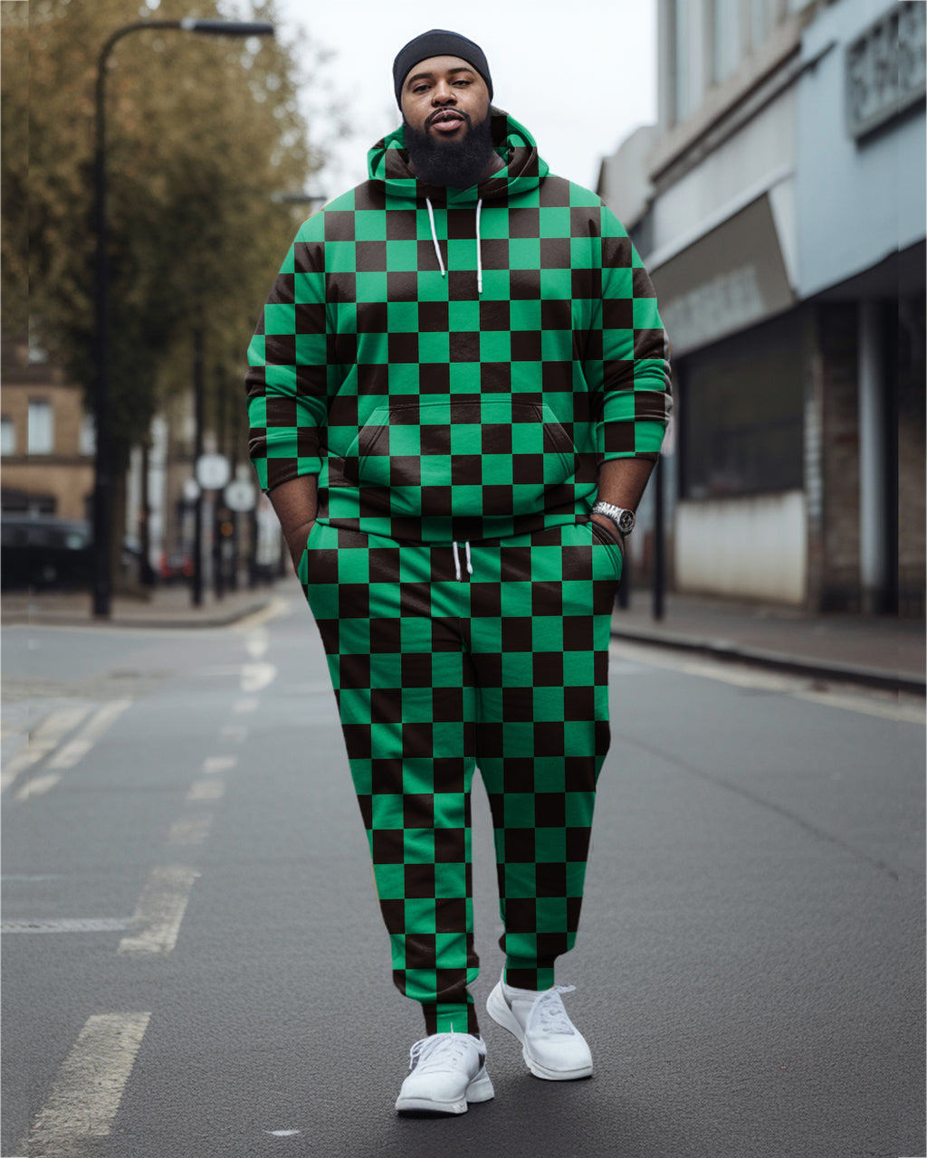 Big & Tall Green Colorblock Hoodie Sweatpants Set for big men view 1