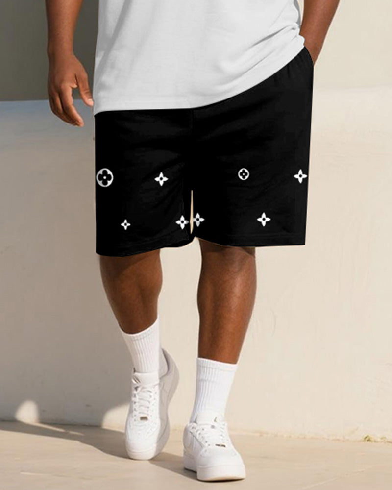 Big & Tall Black White Geometric Polo Shorts Set for big men view 3