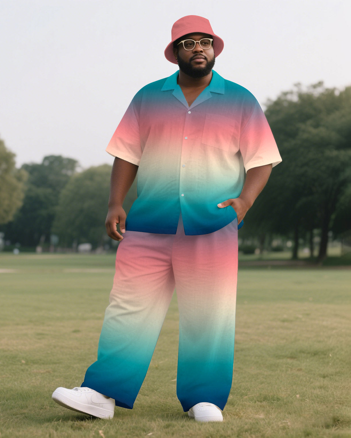Big & Tall Pink Gradient Shirt Pants Set for big men view 2