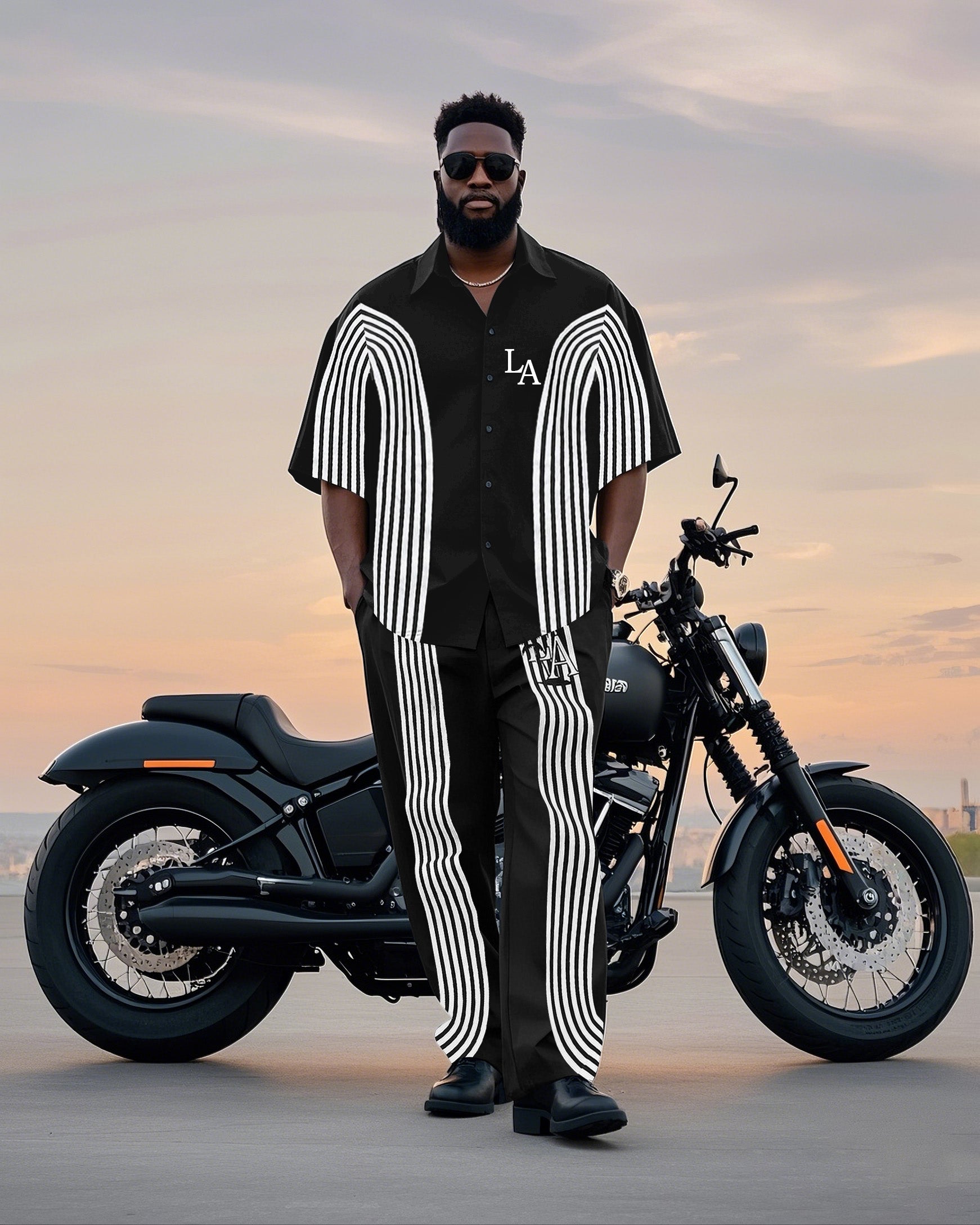 Big & Tall Colorblock Striped T-Shirt Pants Set for big men view 1