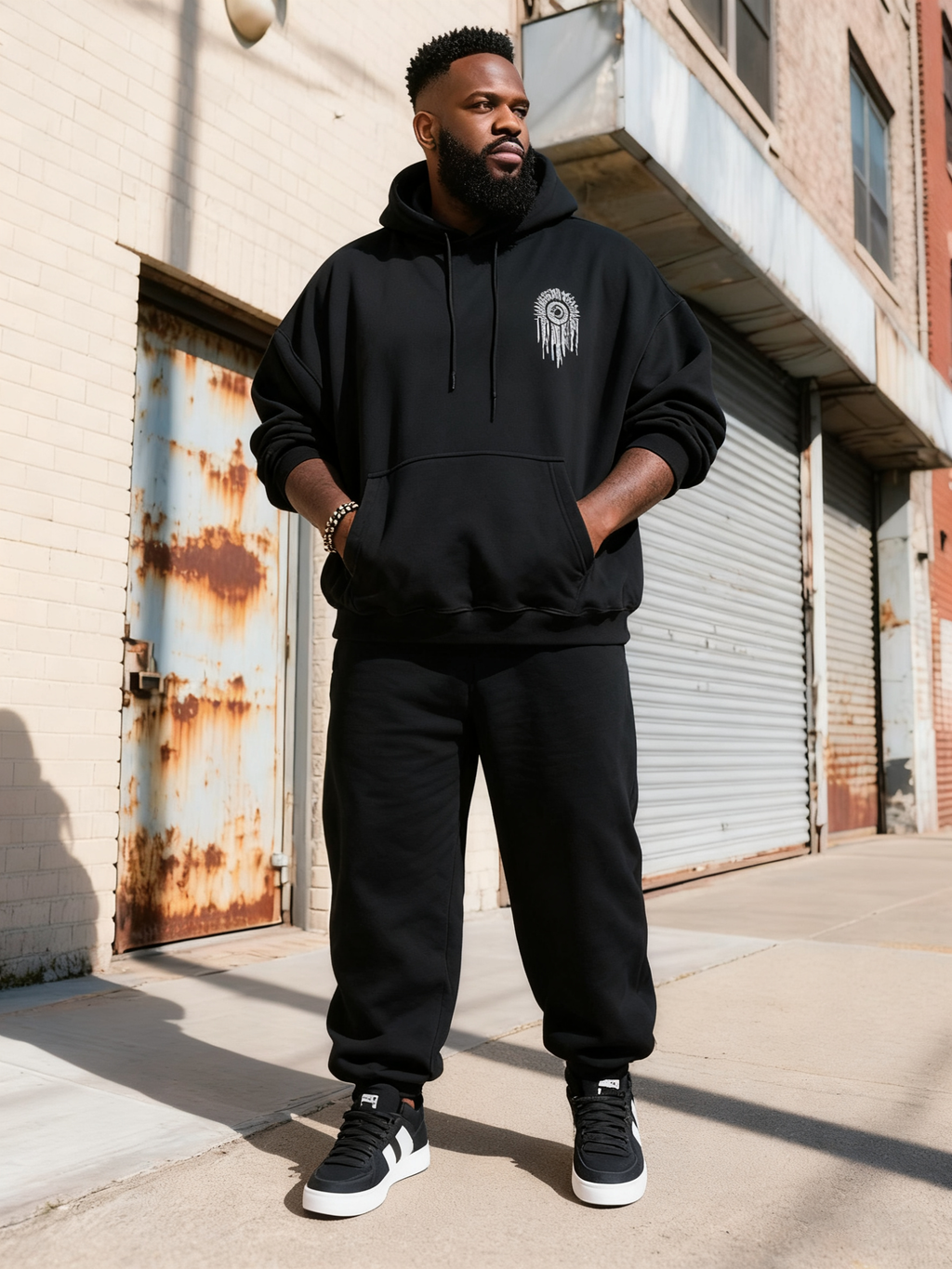 Big & Tall Black Graphic Hoodie Sweatpants Set for big men view 5