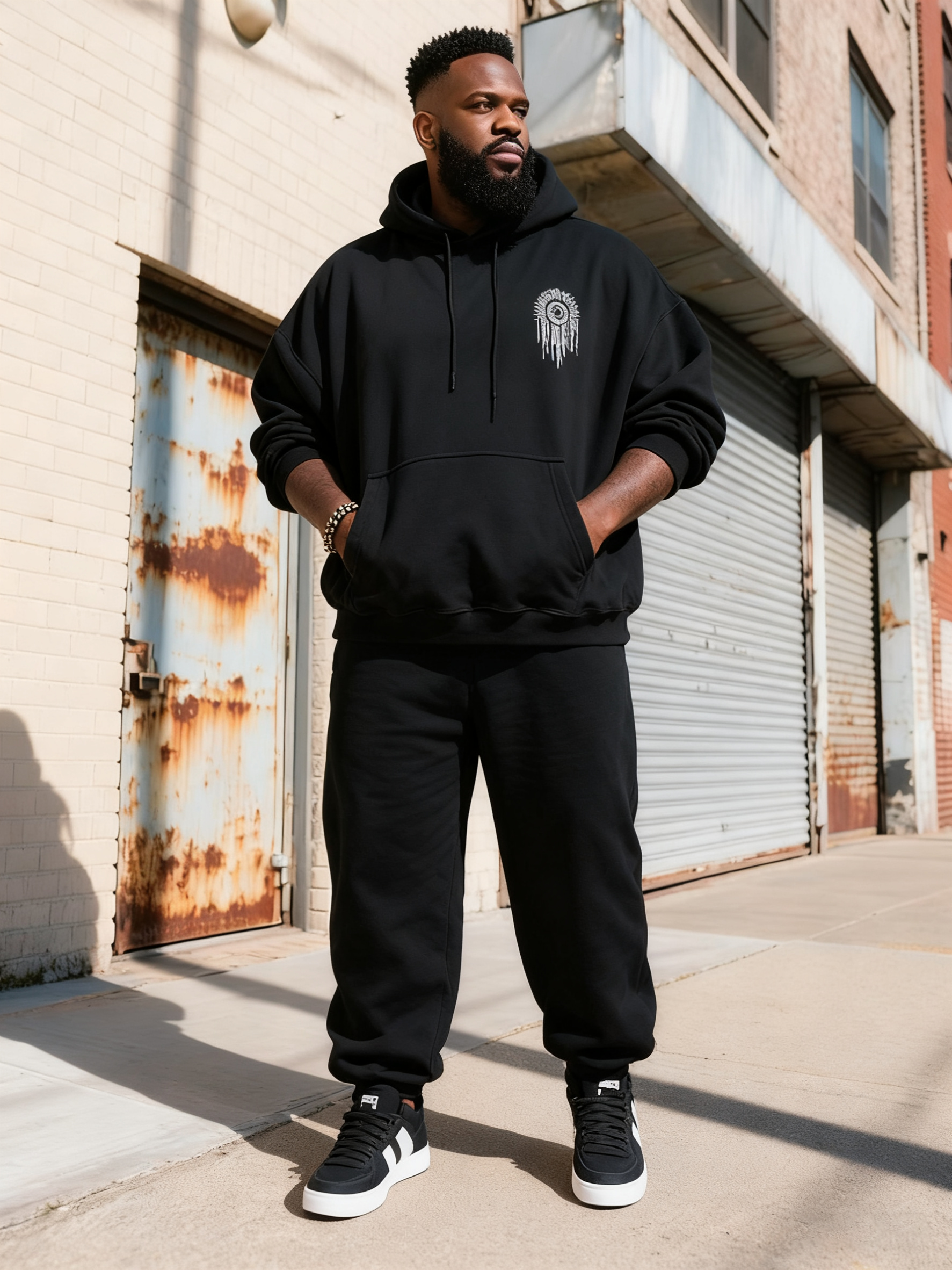 Big & Tall Black Graphic Hoodie Sweatpants Set for big men view 5