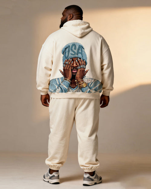 Big & Tall White Blue Graphic Hoodie Sweatpants Set for big men view 1