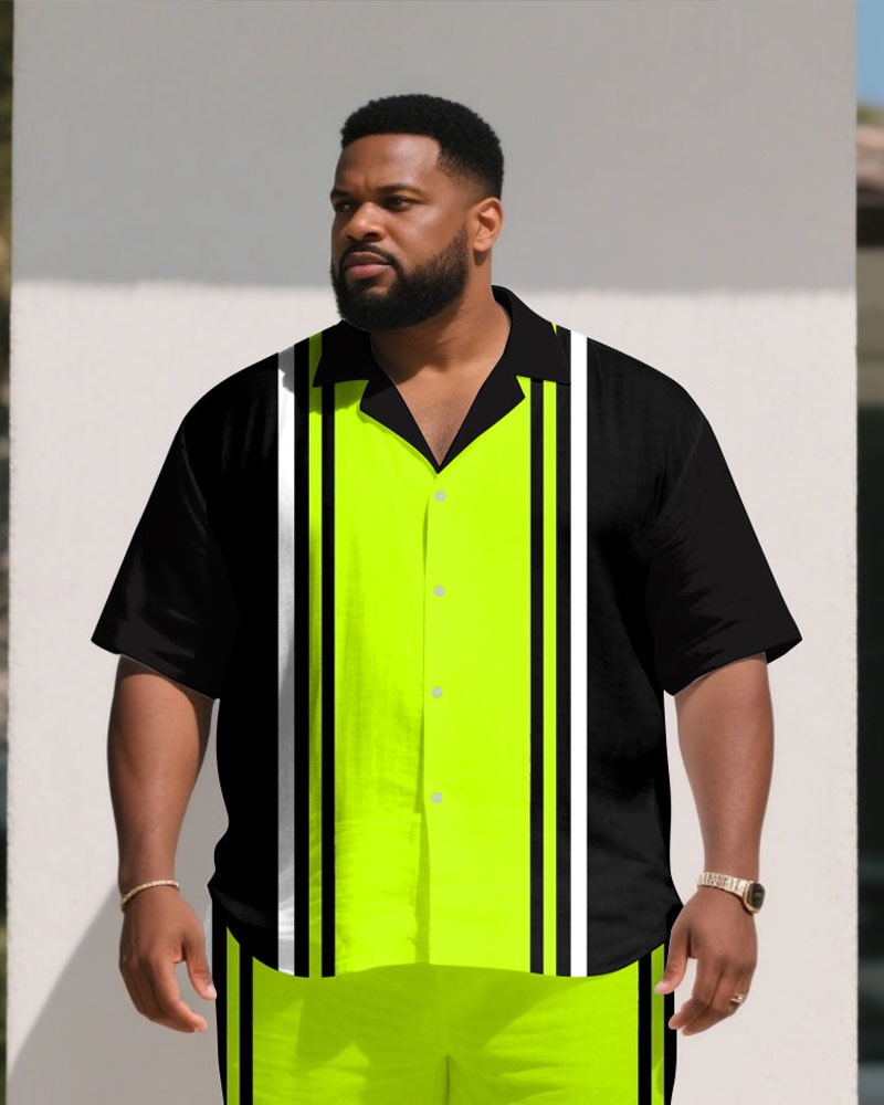 Big & Tall Black Green Colorblock T-Shirt Shorts Set for big men view 2