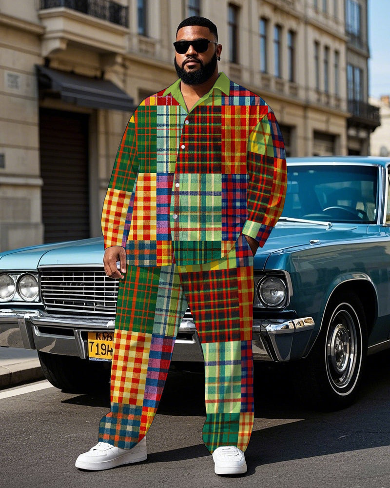 Big & Tall Colorblock Plaid T-Shirt Pants Set for big men view 1