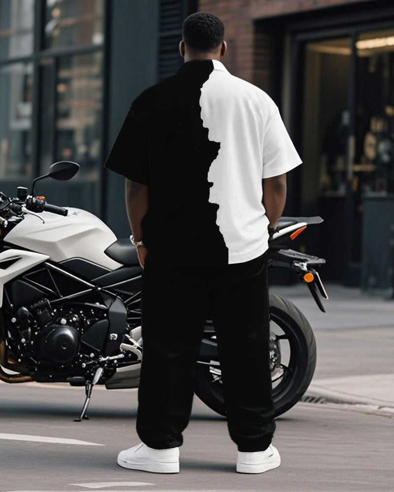 Big & Tall Black White Colorblock T-Shirt Pants Set for big men view 4
