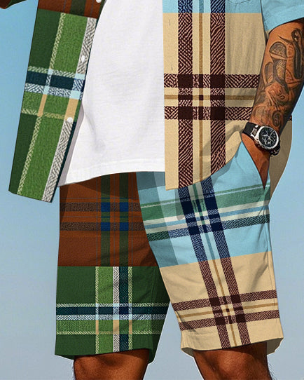 Big & Tall Colorblock Plaid T-Shirt Shorts Set for big men view 3