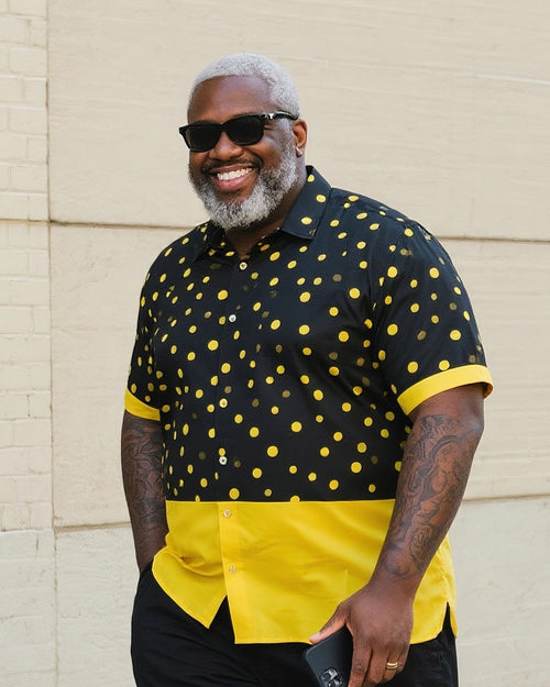 Big & Tall Black Yellow Hawaiian T-Shirt Shorts Set for big men view 2