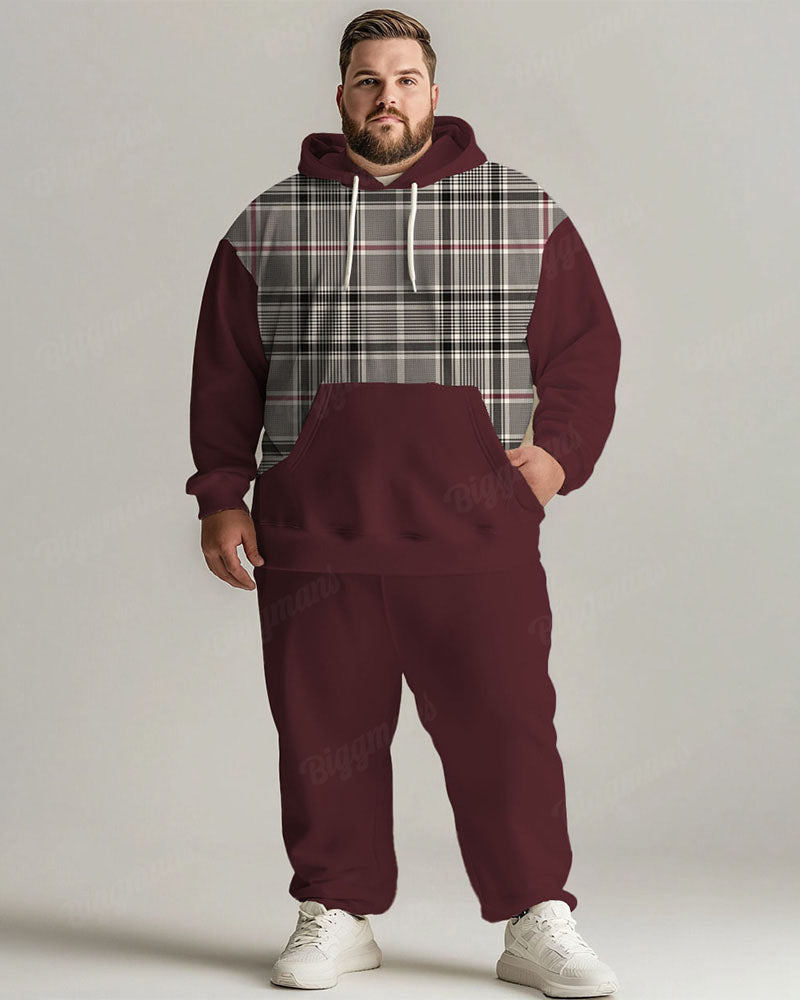 Big & Tall Red Gray Plaid Hoodie Sweatpants Set for big men view 1