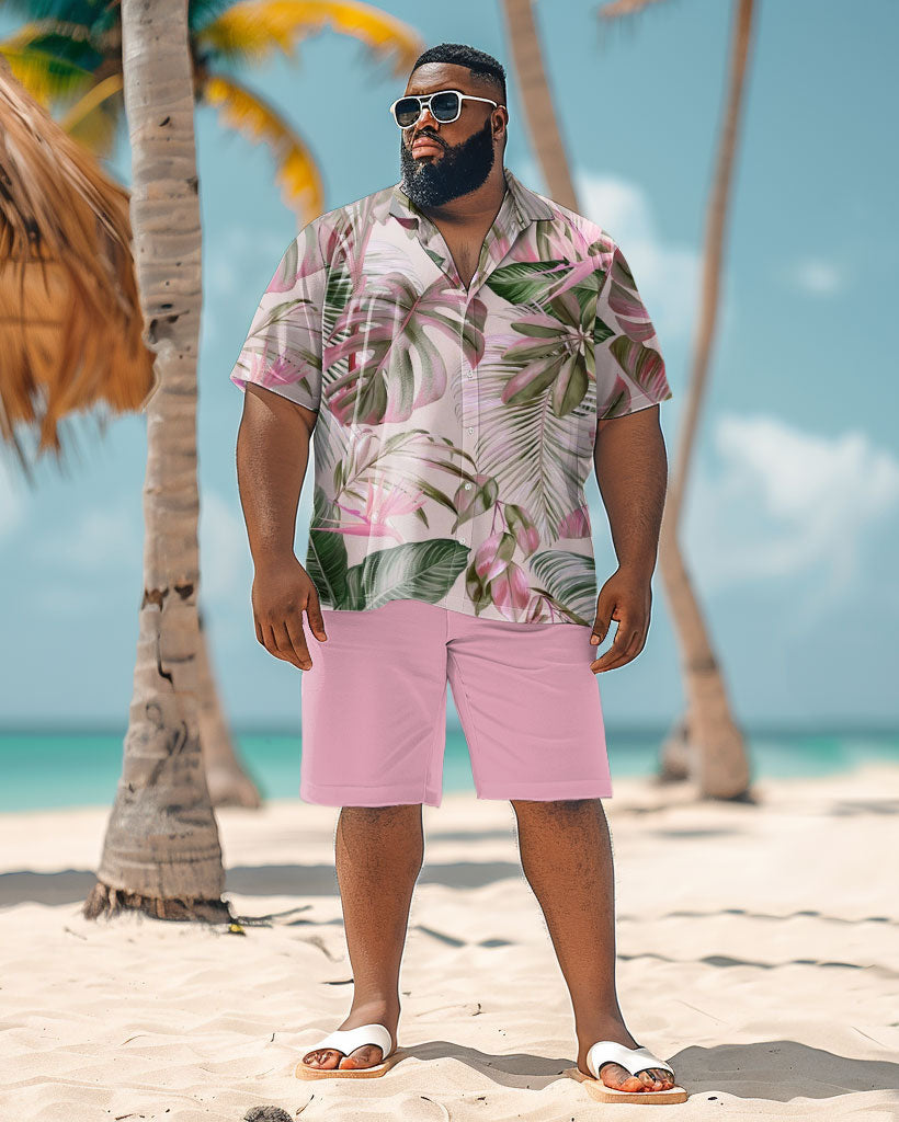 Big & Tall Pink Hawaiian Graphic T-Shirt Shorts Set for big men view 1