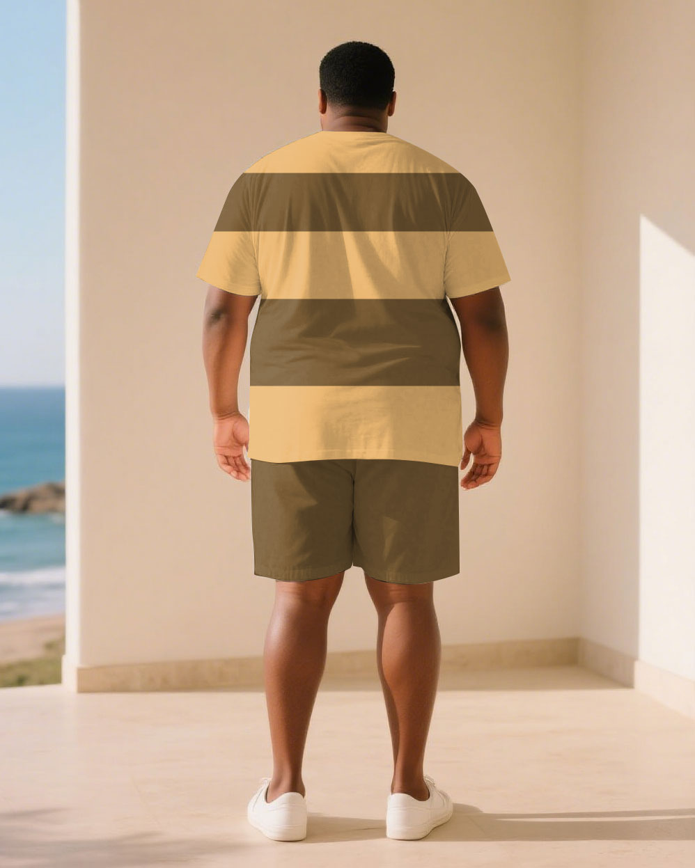 Big & Tall Khaki Striped T-Shirt Shorts Set for big men view 4