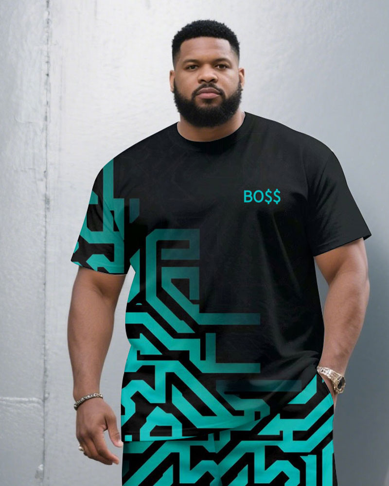Big & Tall Black Geometric T-Shirt Shorts Set for big men view 2