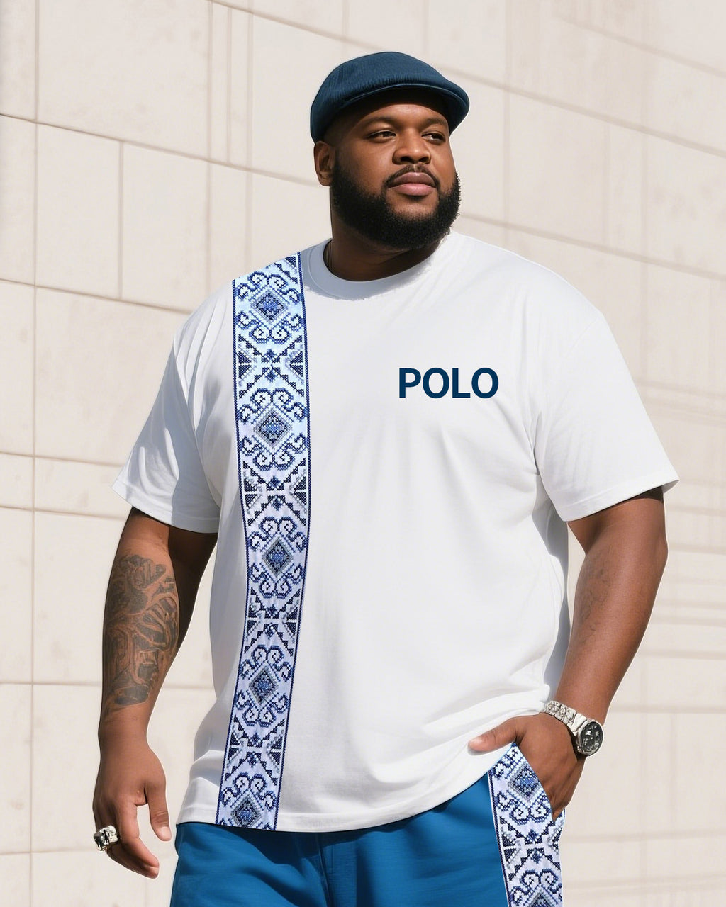 Big & Tall White Blue Striped T-Shirt Shorts Set for big men view 2