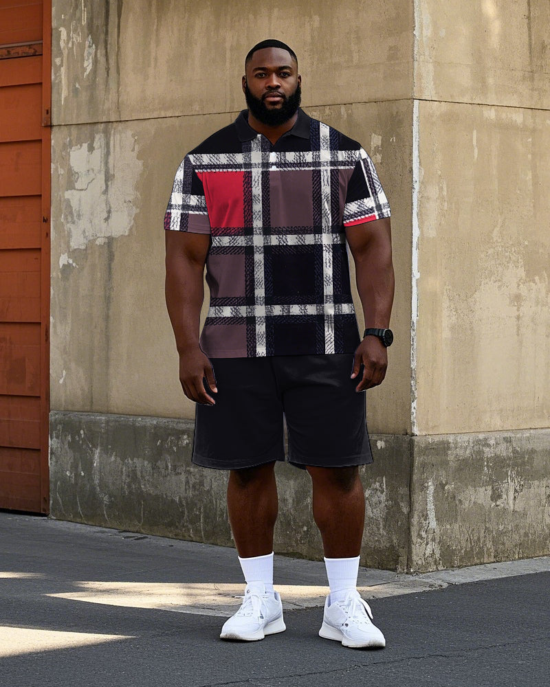 Big & Tall Geometric Plaid Graphic Polo Shorts Set for big men view 1