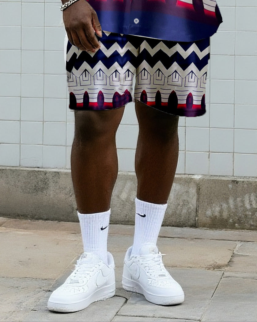 Big & Tall Striped Graphic Vintage T-Shirt Shorts Set for big men view 3